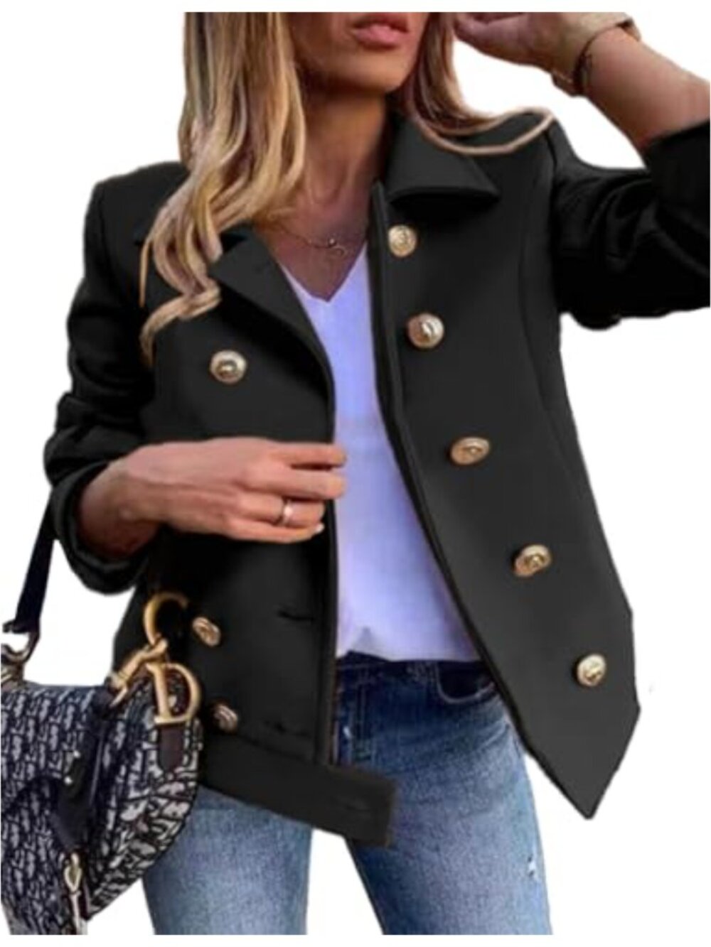 Wool Blend Cropped Pea Coat Double Breasted Notch Lapel Women's